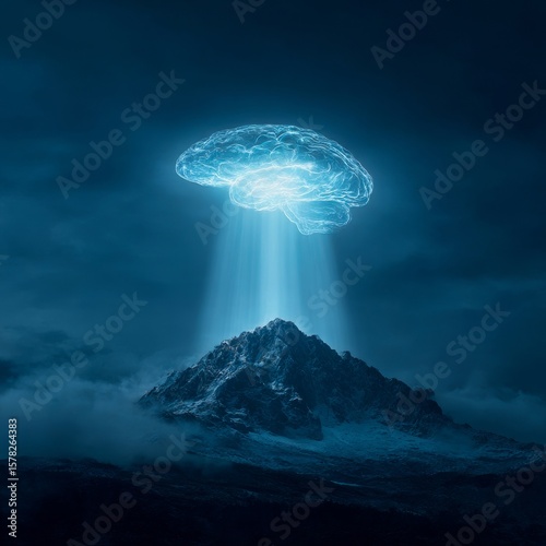 glowing brain hovering above mountain peak idea of achieving enlightenment