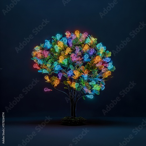 glowing brain tree sprouting ideas as neon icons concept of brainstorming