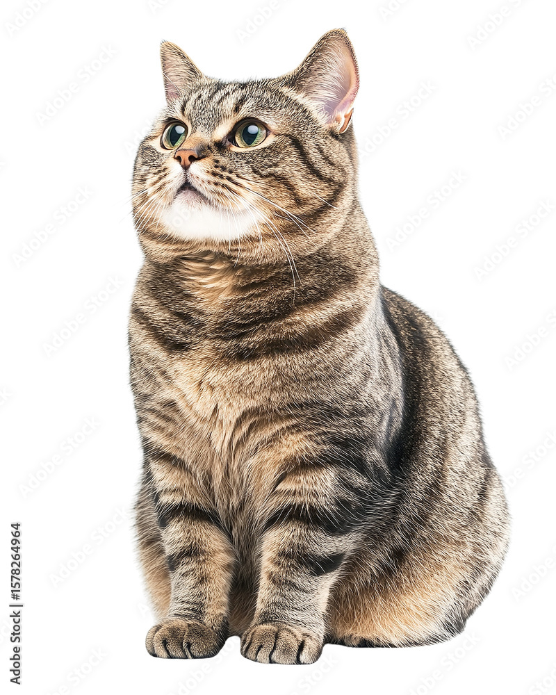 Fototapeta premium A striped tabby cat sits attentively, looking upwards with curious green eyes isolated on transparent background