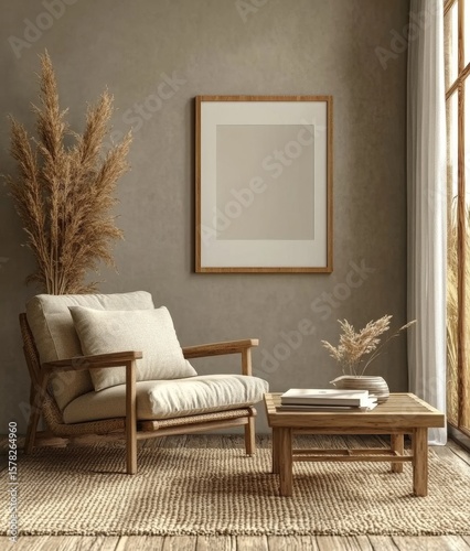 Interior of a living room with a coffee table and blue armchair, with a mock-up poster on the wall for customizable design. 3D rendering, Generative AI
