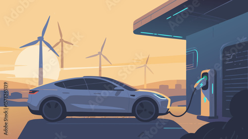 Electric car charging at a station with wind turbines in the background illustration