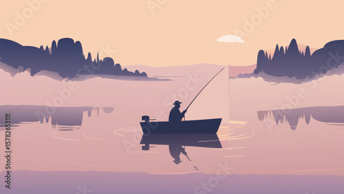 Serene illustration of a fisherman in a boat on a tranquil lake at sunset
