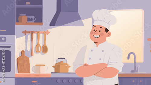 Smiling chef in a clean kitchen with cooking utensils and various kitchenware items