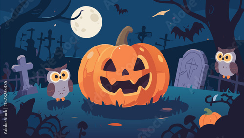 Spooky Halloween illustration featuring a carved pumpkin, owls, bats, and a graveyard