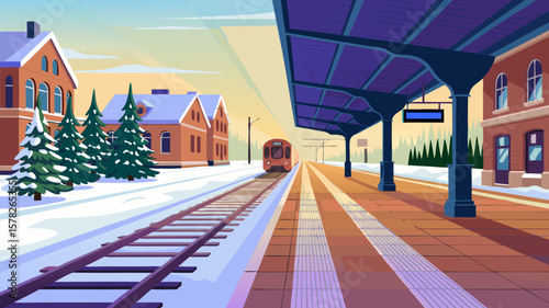 Winter railway station scene with train tracks, buildings, and a passing train illustration