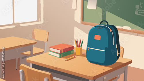 A classroom scene featuring a backpack, books, and pencils on a school desk
