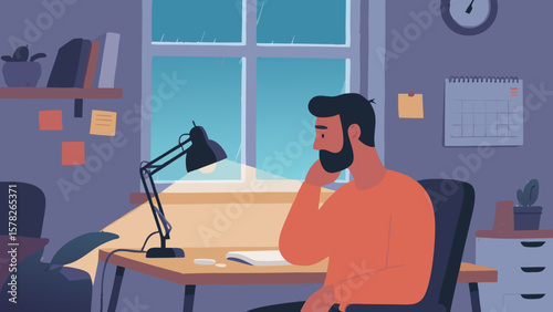 A man sits at a desk, thoughtfully contemplating in a room with a window.