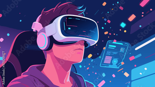 A person wearing a virtual reality headset immersed in a digital gaming experience
