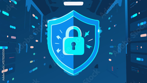 Digital security concept illustration featuring a shield and padlock in a server room.
