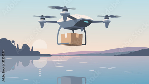 Drone delivering package over water at sunset with silhouettes of landscape in the background