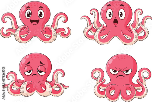 Cute cartoon octopus character expressions set, happy angry sad surprised emotions, marine sea animal vector, funny underwater creature design