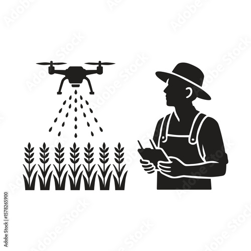 vector silhouette illustration logo of farmer use drone to watering the farm