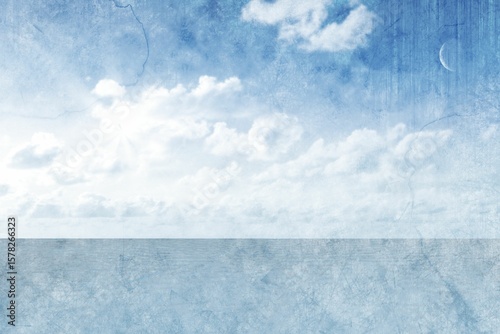 Vector flat design is showing seamless horizon line meeting calm sea and bright sky under clouds