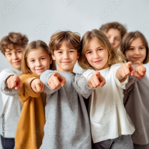 group of kids pointing forward in unison confident expressions neutral background clean symmetrical composition