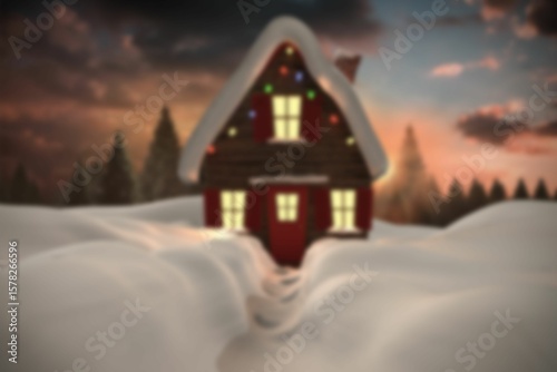 flat design wooden cabin is glowing in snowy clearing with string lights footpath and pine trees