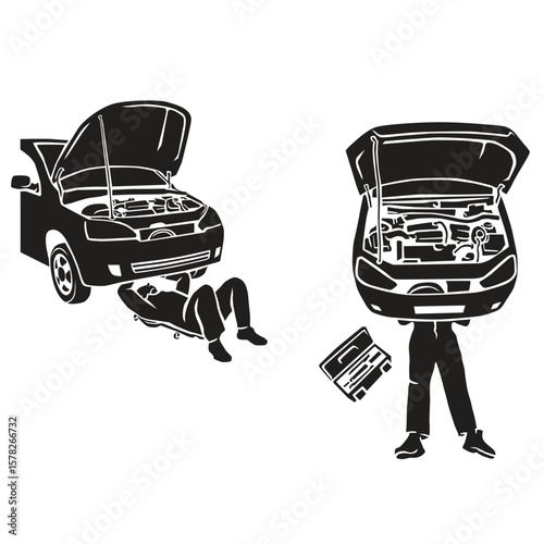 vector silhouette illustration of mechanic check and inspects the engine under the hood