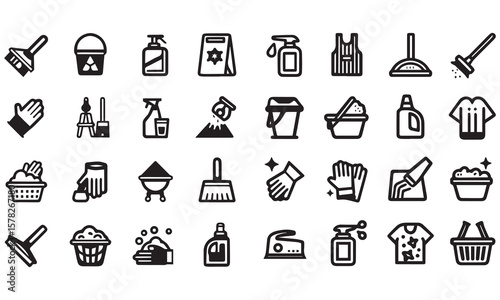 washing, vacuum cleaner, detergent, cleaning tools, equipment, household appliances and more. Editable stroke. Vector illustration.
