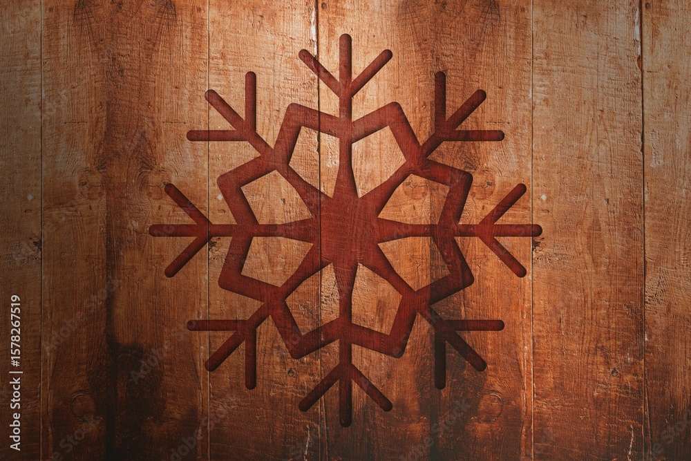 Naklejka premium Displaying stylized six-armed snowflake flat design on vertical wooden planks, highlighting texture