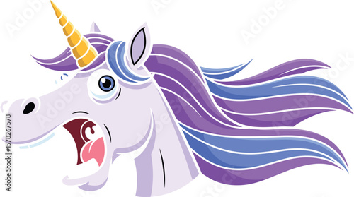 Funny cartoon unicorn face illustration, surprised unicorn head vector, colorful mane, magical creature, fantasy animal clip art, whimsical design element