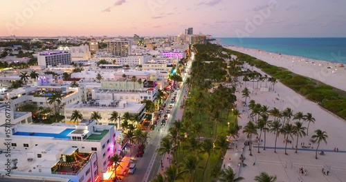 Ocean Drive in Miami Beach, Florida at night. Iconic travel destination.