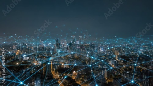 Wallpaper Mural Night City Network: A mesmerizing aerial view of a futuristic cityscape at night, illuminated by countless lights, connected by a vibrant network of digital lines. Torontodigital.ca