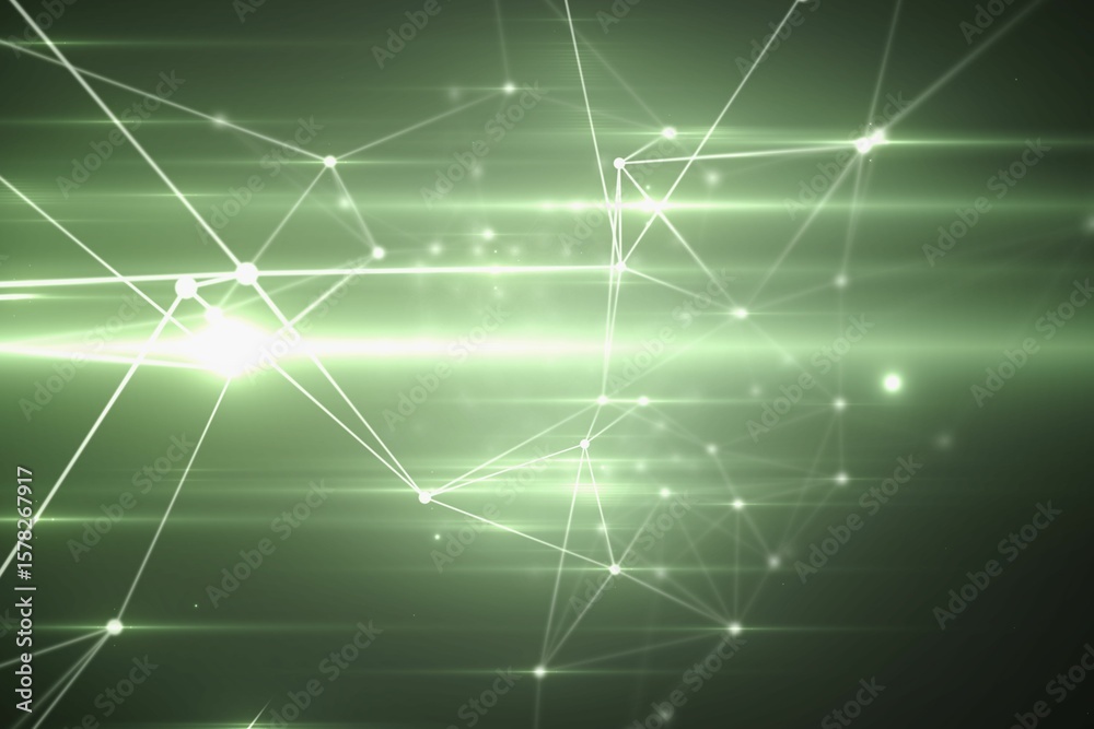 Obraz premium Cluster of glowing nodes and lines is floating in deep green digital grid, highlighting light beams
