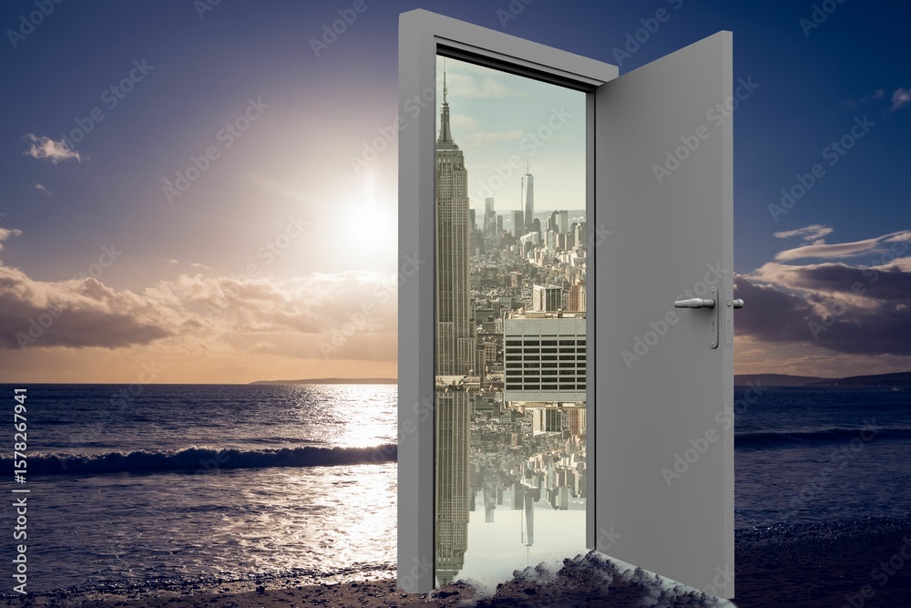 Fototapeta premium Digital image of open door with cityscape on sea