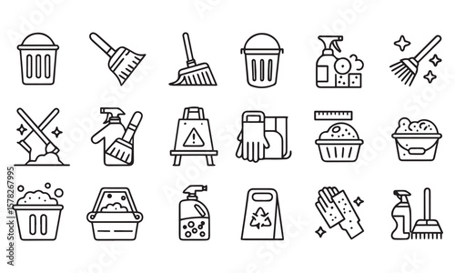 washing, vacuum cleaner, detergent, cleaning tools, equipment, household appliances and more. Editable stroke. Vector illustration.
