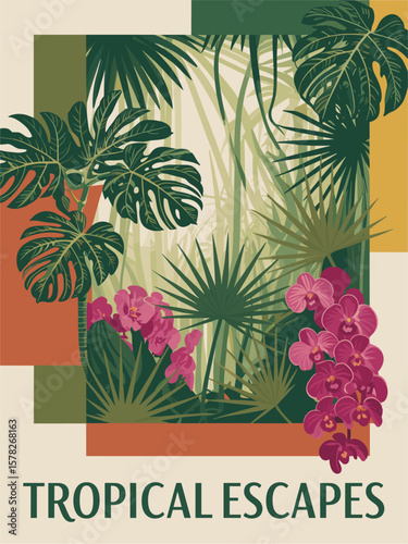 Tropical Escapes retro travel poster in mid century modern style, featuring exotic leaves, orchid flowers, and bold vintage colors. Flat vector illustration Perfect for summer and vacation themes