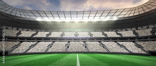 Green grass pitch is glowing under curved roof in flat-design with white center line, floodlights