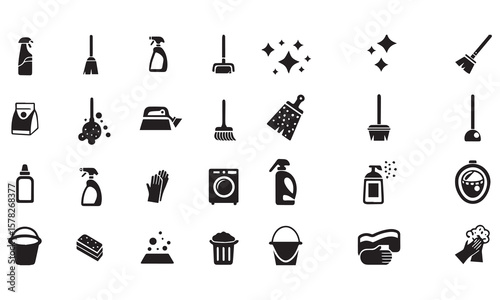 washing, vacuum cleaner, detergent, cleaning tools, equipment, household appliances and more. Editable stroke. Vector illustration.
