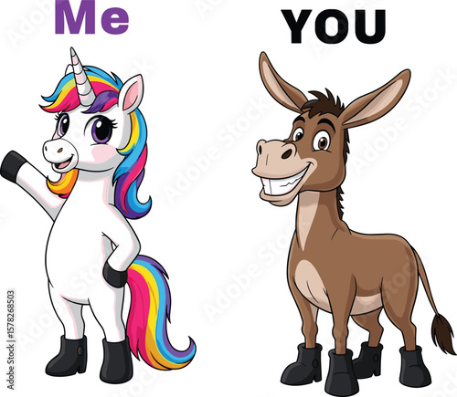 Funny cartoon unicorn and donkey, comparison meme image, rainbow hair unicorn, smiling donkey, character contrast, vector illustration