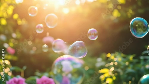 Whimsical Bubbles in Sunlight: Captured in a moment of play, floating soap bubbles shimmer and dance against a backdrop of sun-drenched greenery and dappled light.