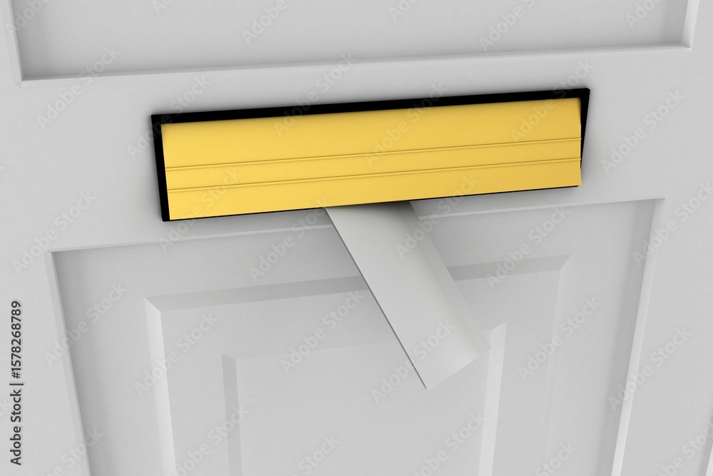 Fototapeta premium Flat design door is showcasing mail slot with gold flap lifting open and white envelope protruding