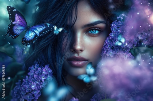 Magical fantasy-style photo of an Indian girl with soft blue eyes and flowing dark hair, framed by blooming lilacs and glittery air