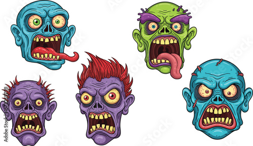 Set of cartoon zombie heads with scary faces, horror undead characters, Halloween monster illustration, creepy expression, isolated vector design