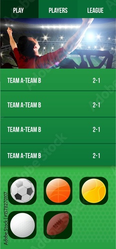 Sports app interface displaying green flat UI with nav tabs, cheering fan, live scores, sport icons