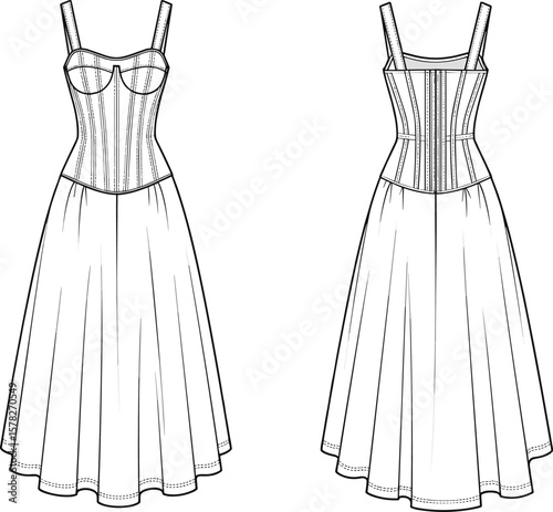 CAD drawing flat vector illustration of corset dress, technical fashion sketch, front and back view, fashion design template, sewing pattern, apparel design,