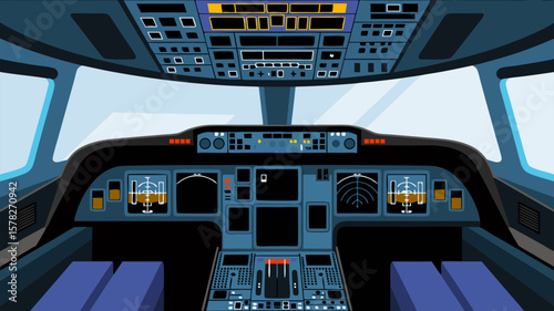 Vector illustration of a modern aircraft cockpit interior view with detailed instruments