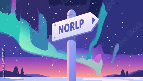 Vector illustration of a signpost pointing toward NORLP under the Northern Lights