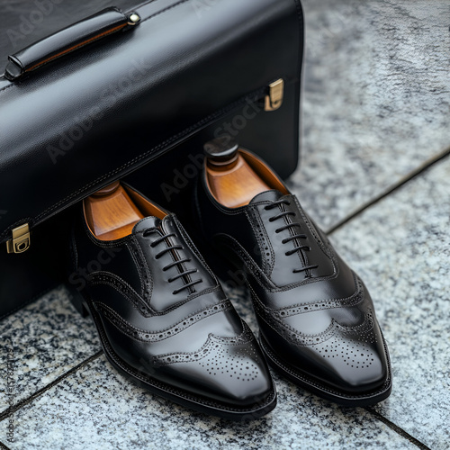 Elegant Black Leather Dress Shoes with Briefcase on Stone Pavement