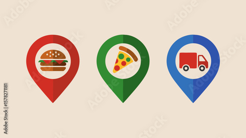 Colorful location markers with burger, pizza slice, and delivery truck illustrations