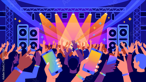 Illustration of a concert crowd enjoying a live music performance with stage lights
