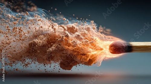 A macro shot of a match igniting, with explosive particles and smoke captured mid-burst.