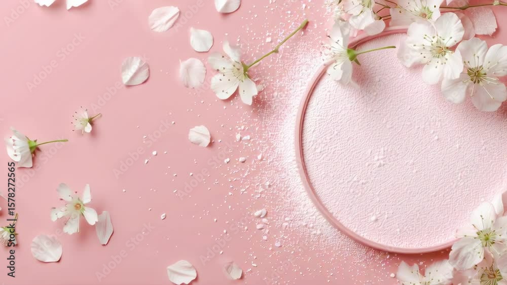 pink circle with white flowers on it, surrounded by soft pink powder and delicate textures