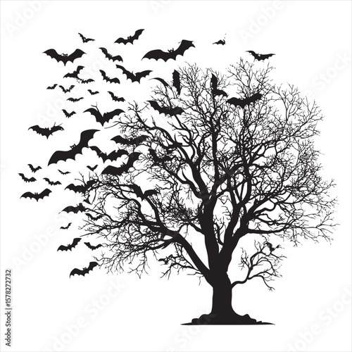 Haunted Tree with Bats Escaping - Spooky Nature Graphic