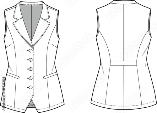 Cad drawing flat vector illustration, women’s sleeveless blazer front and back view, fashion technical sketch, tailored vest, buttoned design, template