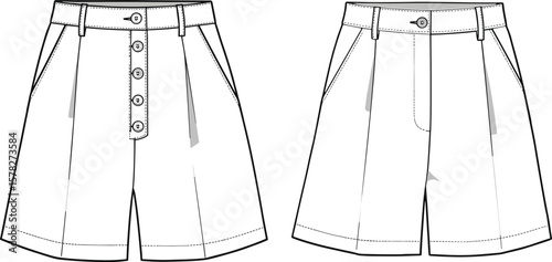 Cad drawing flat vector illustration, high waisted women’s shorts front and back view, fashion technical sketch, button fly, sewing design