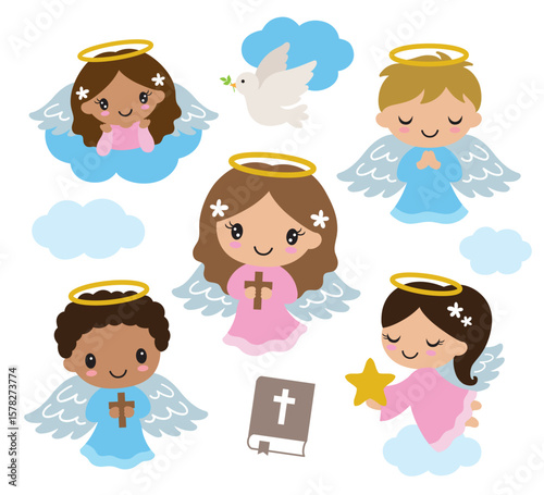Little boy and girl baptism angels praying and holding cross vector illustration. Cute children angels clip art.