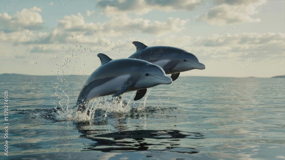 Obraz premium Two dolphins leaping joyfully from the ocean water with splashes and a cloudy sky